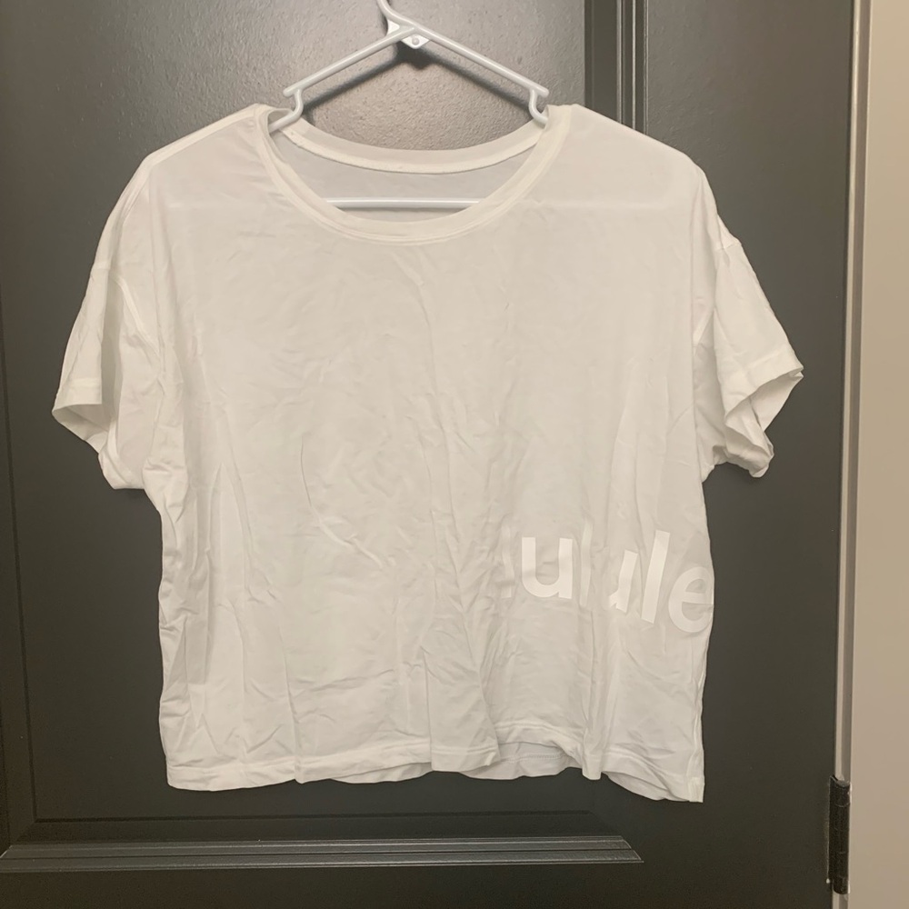 Lululemon Cates tee white with logo.
